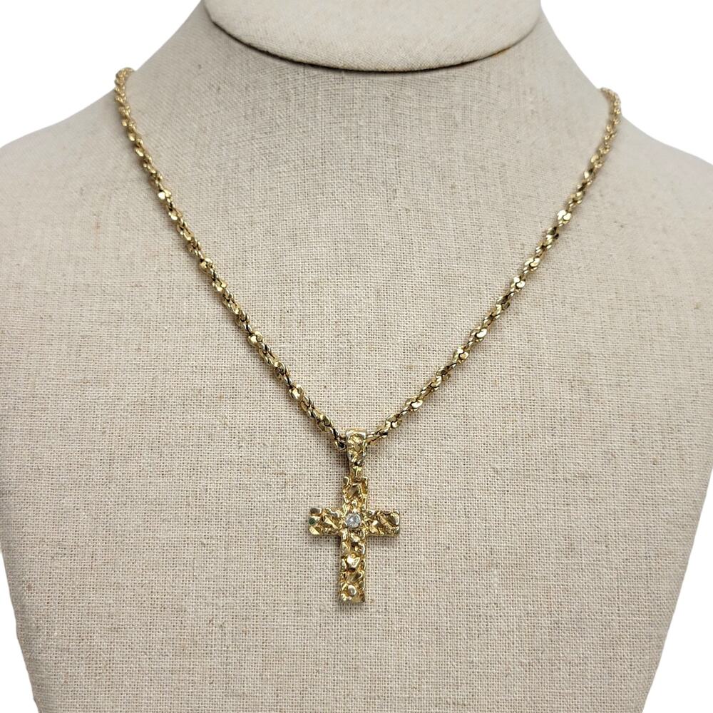 Vintage Gold Tone Nugget Cross Pendant Necklace Clear Accent Stone